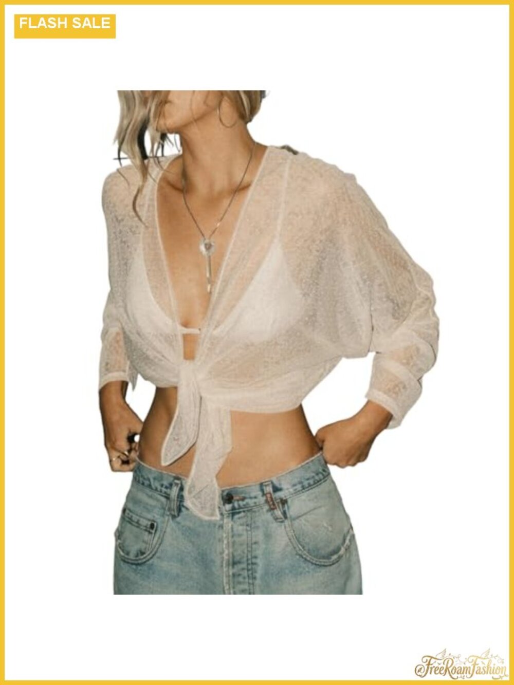 Lace Crop Cardigan Polka Dot Long Sleeve Mesh Sheer Shrug Tie Front Cover Up